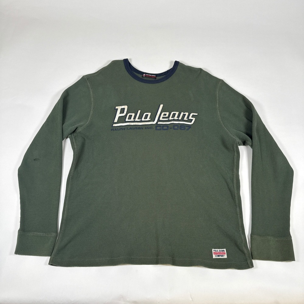Polo Jeans Shirt Mens XL Green Waffle Knit Thermal Graphic Long Sleeve Y2K